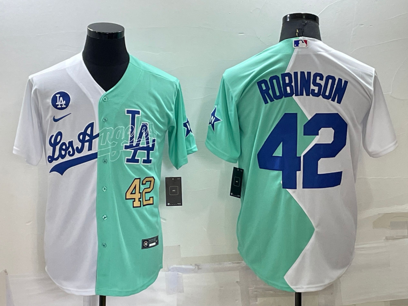 Men's Los Angeles Dodgers #42 Jackie Robinson 2022 All-Star White/Green Cool Base Stitched Baseball Jersey
